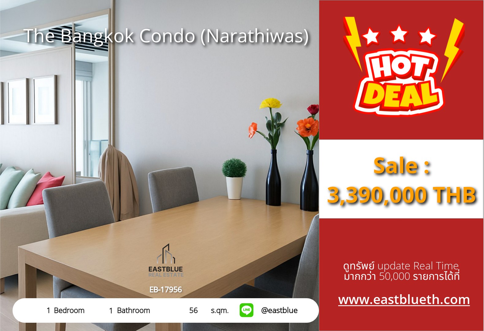 For Sale: The Bangkok Condo (Narathiwas) 1 Bed 56 sqm near BTS Chong Nonsi 3.29M THB