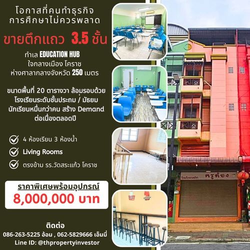 Commercial Building for Sale – 3.5-Storey Townhouse, 20 sq.wah, in the Heart of Korat Prime Education Hub Location – directly opposite Wat Sakaew School, only 3 minutes from the Thao Suranari (Ya Mo) Monument.  A rare plot near the Provincial Hall