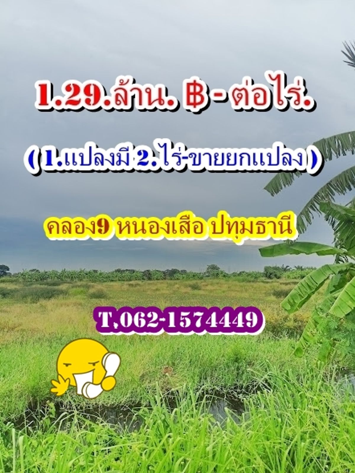 ที่ดินถูกแบ่งแปลงขาย-แบ่งชำระได้ 1.ปี ที่คลอง9_หนองเสือ_ปทุมธานี  ราคา 1,290,000.฿ ต่อไร่ ( 1.แปลงมี 2.ไร่-ขายยกแปลง )  ( แบ่งจ่ายได้ 1.ปี ฟรีดอก) T.062-1574449 – รูปที่ 2