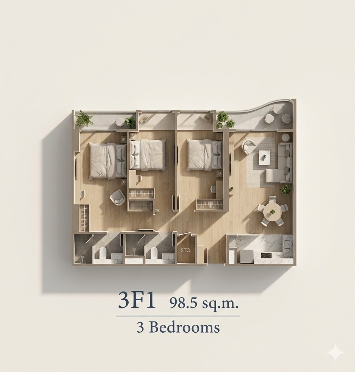 วิวสวนชั้นกลาง 3 ห้องนอน – รูปที่ 2