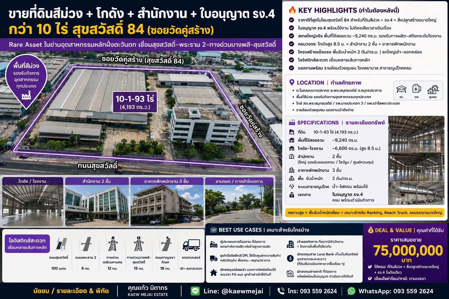 Purple land for sale + warehouse + office + license 4, over 10 rai, Suksawat 84 (Soi Wat Khu Sang)