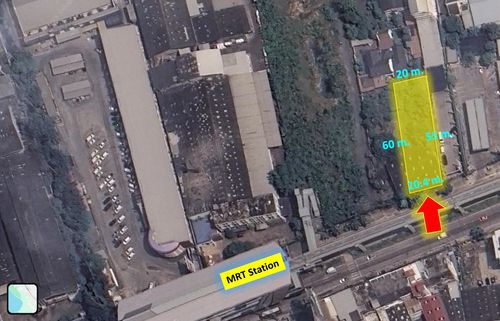 Land for sale, Thepharak near the MRT station, area of ​​287 square wah, width 20.4 m. Suitable for trade, hotels and offices.