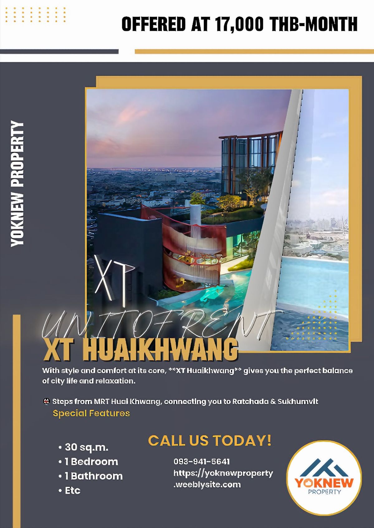 XT Huaikhwang | 1 ห้องนอน 1 ห้องน้ำ | 30 ตร.ม. | Fully Furnished | เช่า 17,000 บ./เดือน XT Huaikhwang | 1 ห้องนอน 1 ห้องน้ำ | 30 ตร.ม. | Fully Furnished | เช่า 17,000 บ./เดือน