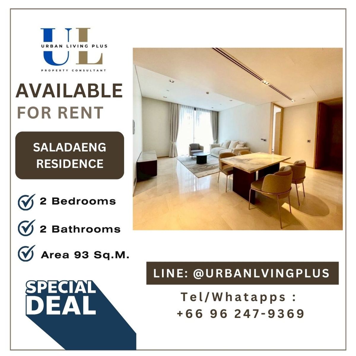 ( UL2509241 ) Tel/Line 096-2479369 , FOR RENT SALADAENG RESIDENCES, 2 bedrooms, 2 bathrooms, 94Sq.M., New room, furnished, Special Deal!!