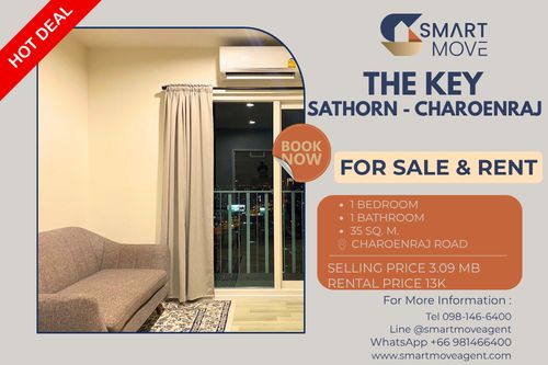 🔥 สำหรับขาย - เช่า !! ชั้นสูง 26++, ตกแต่งสไตล์มินิมอล!!🔥 Code C20221201854..........The Key Sathorn - Charoenraj, 1 ห้องนอน, 1 ห้องน้ำ, แต่งครบ, พร้อมเข้าอยู่, ราคาพิเศษ!!📣📣