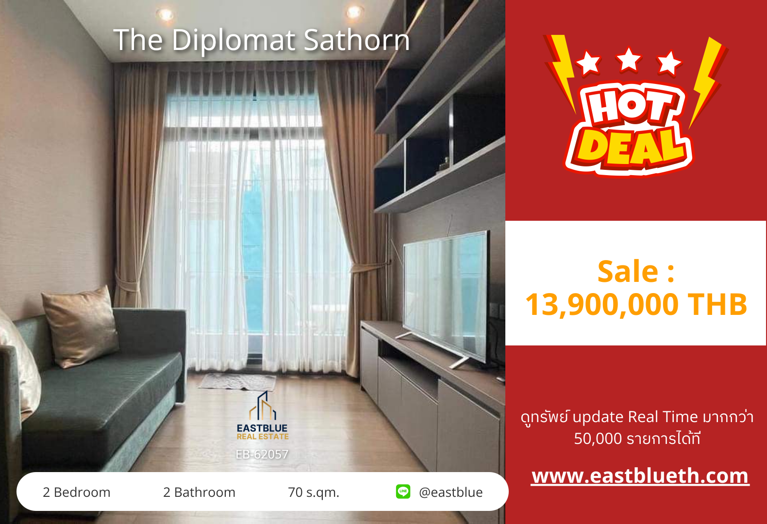 For Sale The Diplomat Sathorn 2BR 70 sqm near BTS Surasak THB 13.9M 🌆