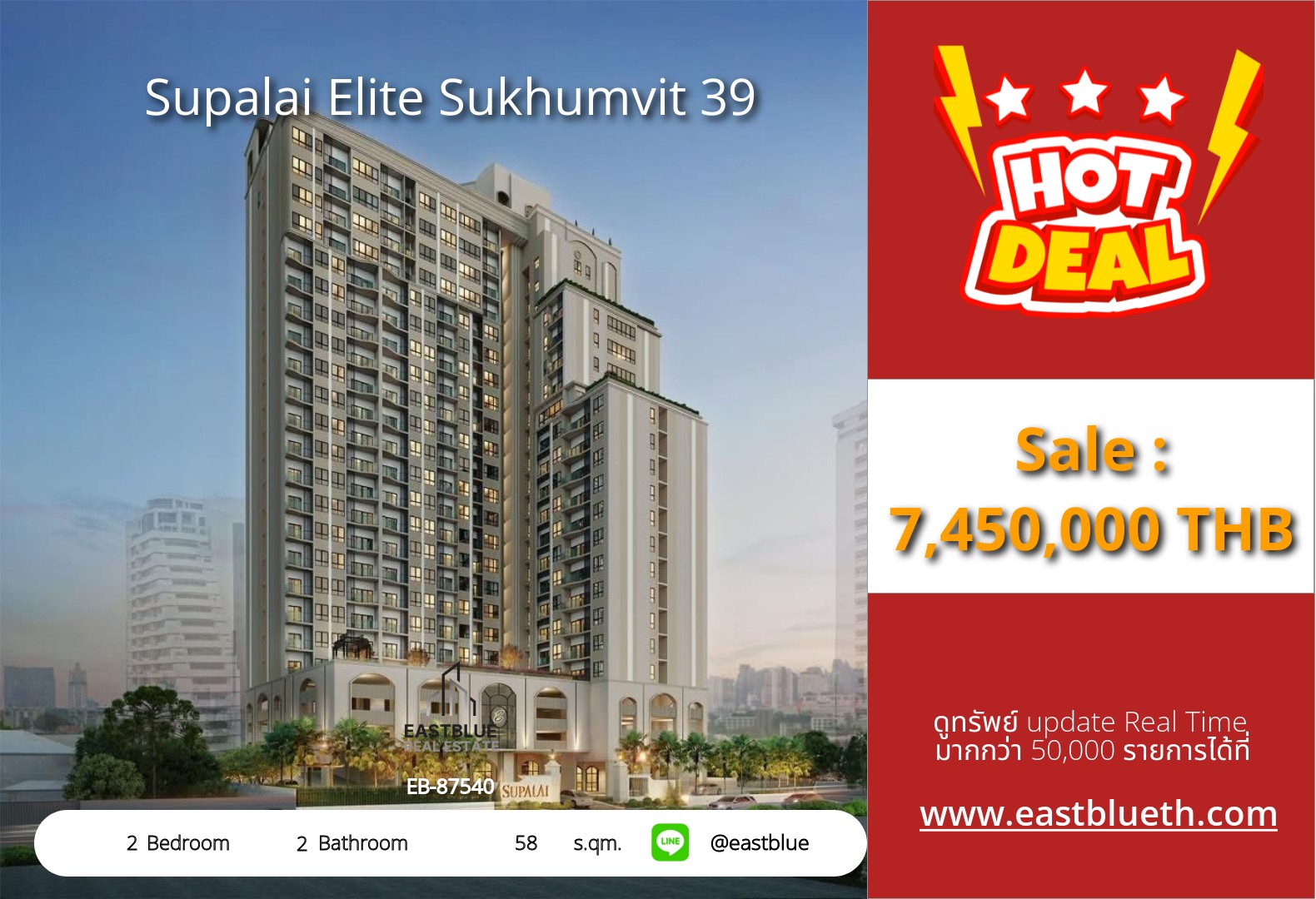 รวมค่าโอน ขาย Supalai Elite Sukhumvit 39 2 นอน 58 ตร.ม. ใกล้ BTS พร้อมพงษ์ 7.45 ล้าน 0642748883