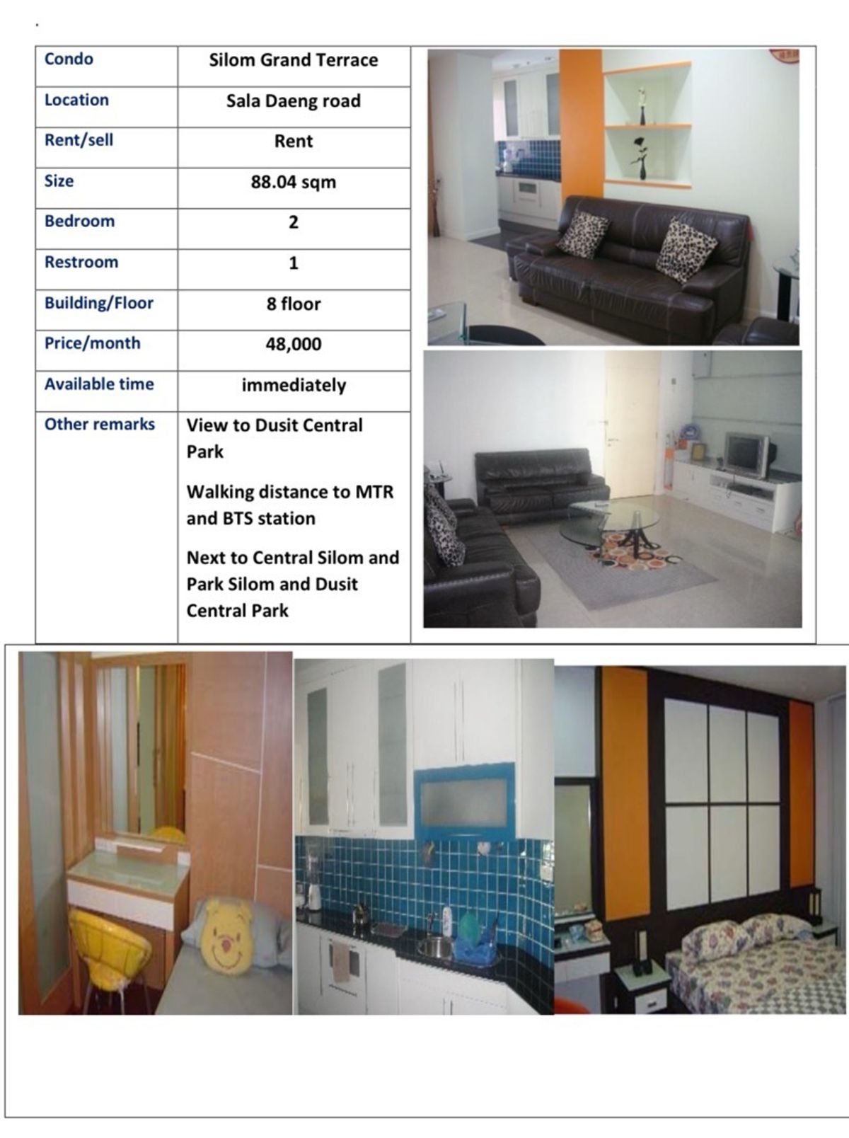 For rent Silom Grand Terrace2 bedrooms, 1 bathroom88 sq.m.8th floorRent ฿48000 baht 
