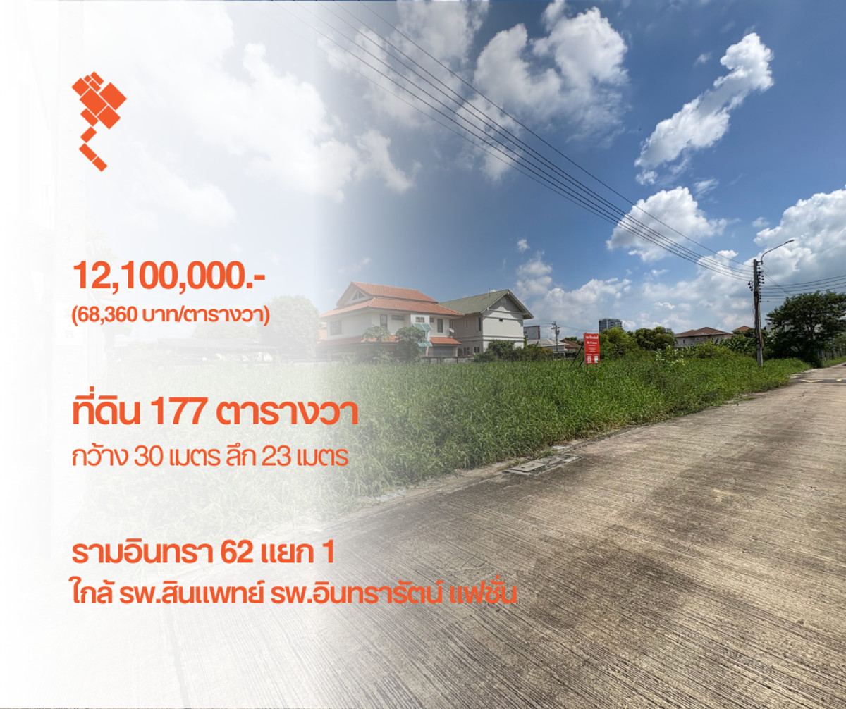 [5 พฤษภาคม 2569] ที่ดิน 177 ตารางวา, รามอินทรา 62 แยก 1, ใกล้ รพ.สินแพทย์ แฟชั่น, กว้าง 30 เมตร ลึก 23 เมตร, 12,100,000.- (68,360 บาท/ตารางวา)