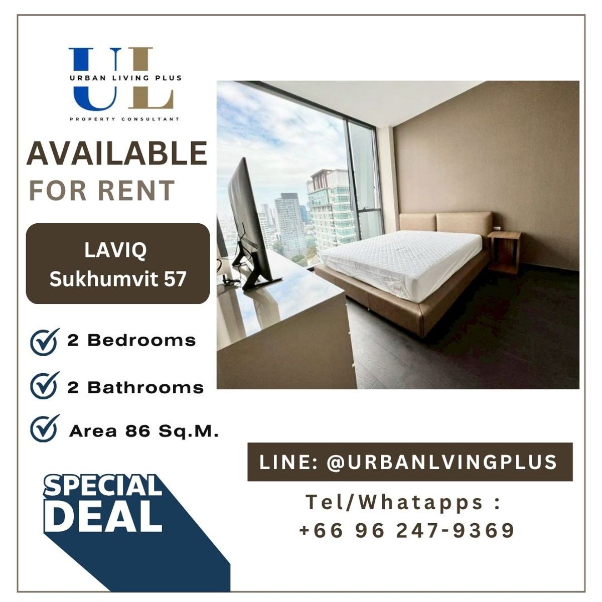 ( UL2510075 ) Tel/Line 096-2479369✨FOR RENT LAVIQ Sukhumvit 57, 2 bedrooms, Size 86 Sq.M. ,RARE ITEM, BEST Price!!!