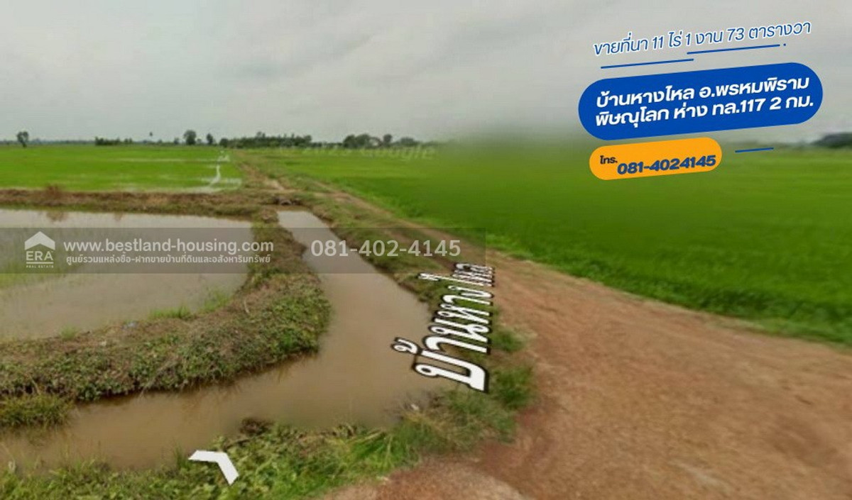 11 rai rice field for sale, Ban Hang Lai, Phrom Phiram District, Phitsanulok, 117-2 km. away.