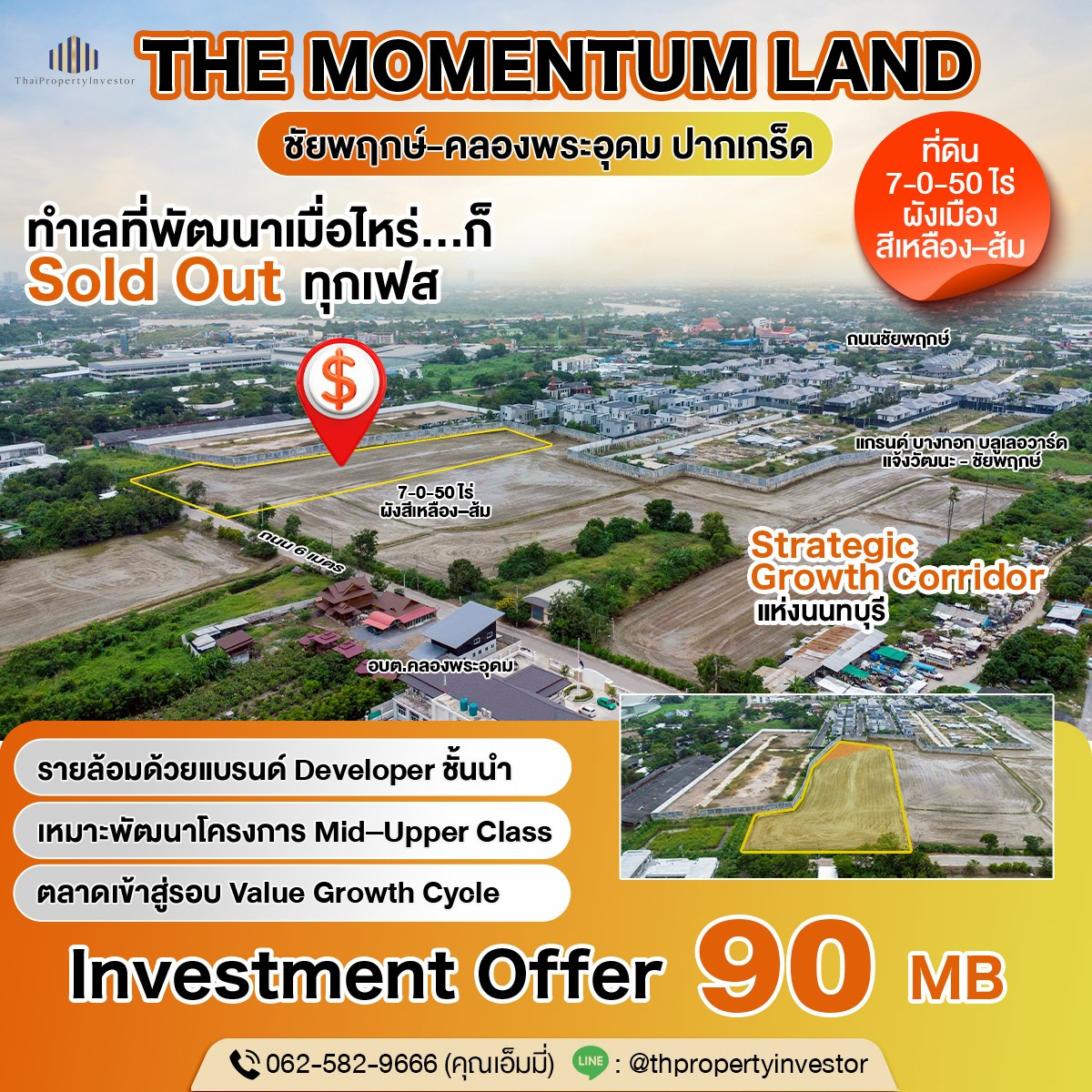 Land for Sale on Chaiyaphruek–Khlong Phra Udom, Pak Kret | 7-0-50 Rai near SISB and Wat Saphan Sung | Yellow/Orange Zoning | Ideal for Residential Development