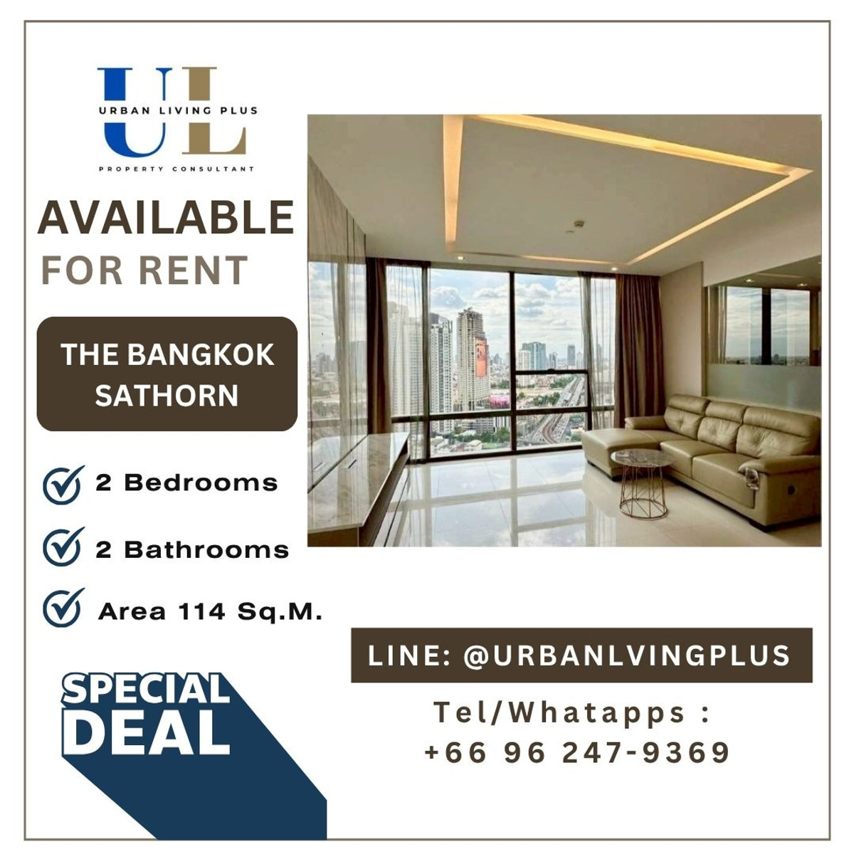 ( UL2511201 ) ✨Tel/Line 096-2479369✨ , FOR RENT The Bangkok Sathorn 2 bedrooms, 2 bathrooms, high floor, furnished, ready to move in ( UL2511201 ) ✨Tel/Line 096-2479369✨ , FOR RENT The Bangkok Sathorn 2 bedrooms, 2 bathrooms, high floor, furnished, ready to move in
