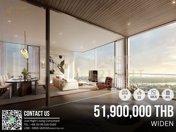 ขาย WIDEN by Sansiri, 3 ห้องนอน 3.5 ห้องน้ำ (Signature Suite) ขนาด 209.75 ตร.ม. วิวแม่น้ำ ชั้น 3x ราคา 51.90 ล้านบาท 