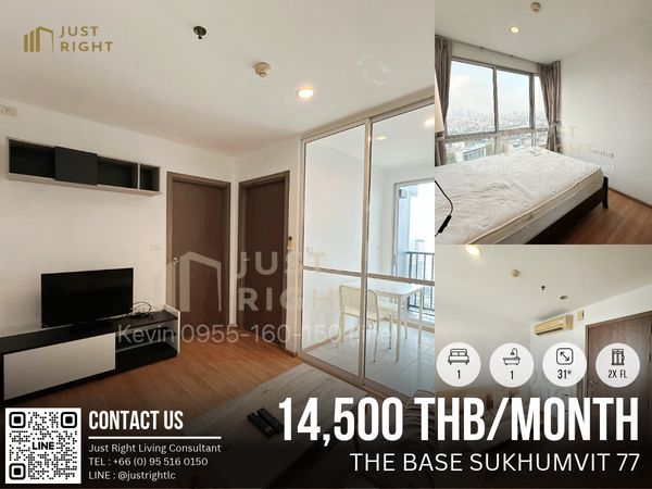 For rent, The Base Sukhumvit 77, 1 bedroom, 1 bathroom, 31* sq m., 2x floor, Building B, fully furnished, complete electrical appliances. Special price only 14,500 baht/month, 1 year contract only