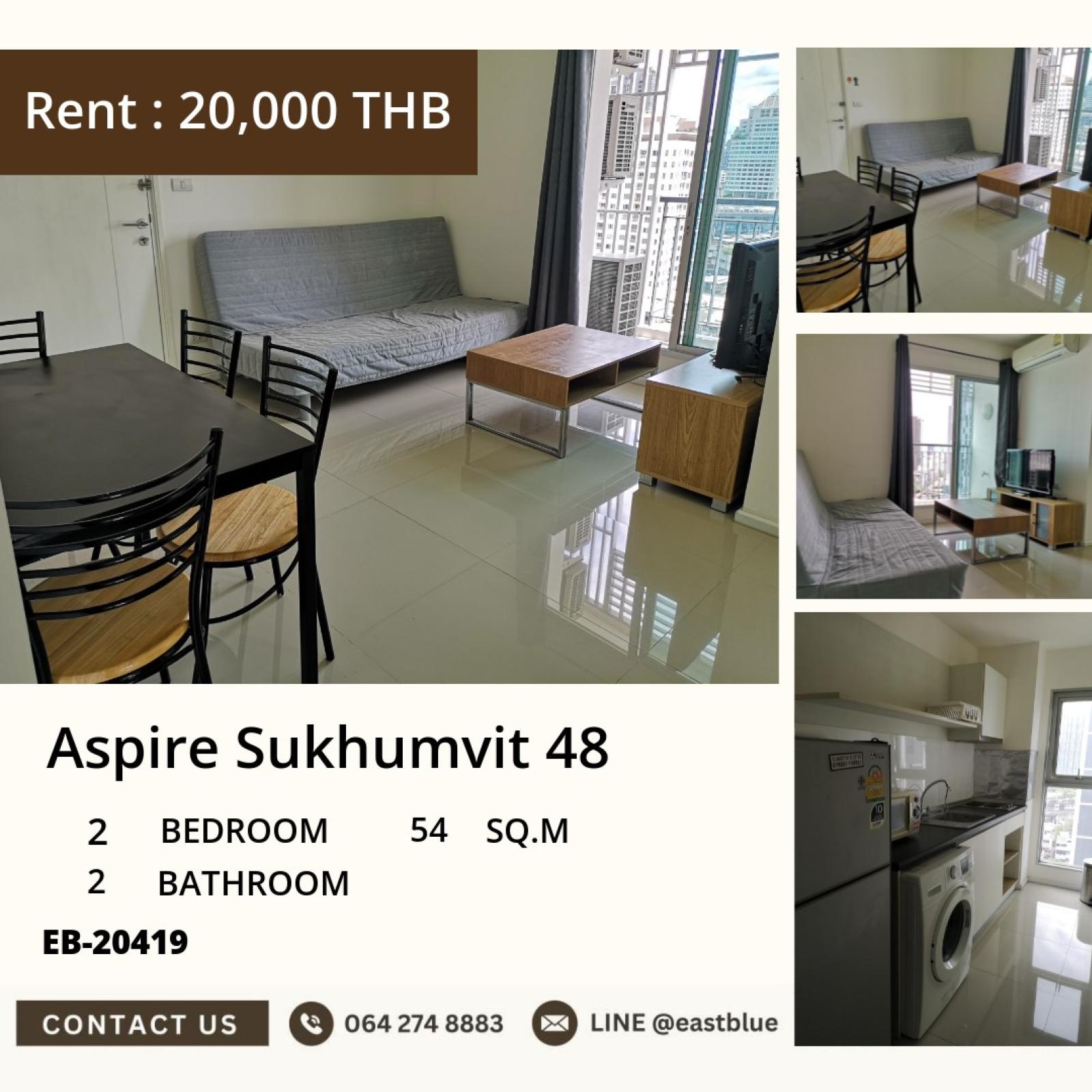 11/08/2026, 🏠 เช่า คอนโด 2 ห้องนอน แอสปาย สุขุมวิท 48 พร้อมเข้าอยู่ 20,000 บาท/เดือน 0642748883