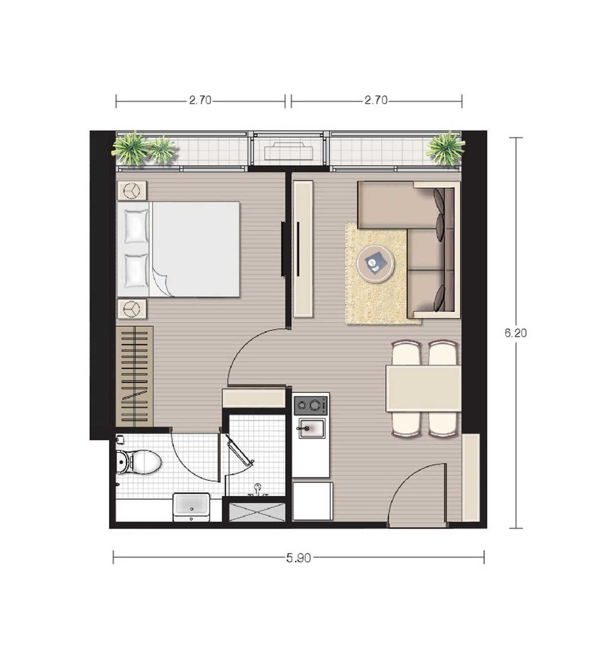 One Bedroom (Type A6) พื้นที่ 34.31 ตร.ม. ทิศเหนือ วิวสวน สบายตา – รูปที่ 2