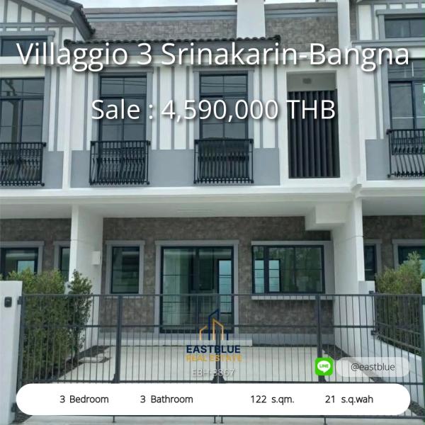 Spacious 3-Bed Townhome in Villaggio 3 Srinakarin-Bangna Modern Living Near Mega Bangna & Top International Schools Rent or Buy: Stylish 122 sqm Home with 3 Beds, 3 Baths Prime Location with Easy Access to Bangna-Trad & Srinakarin Roads