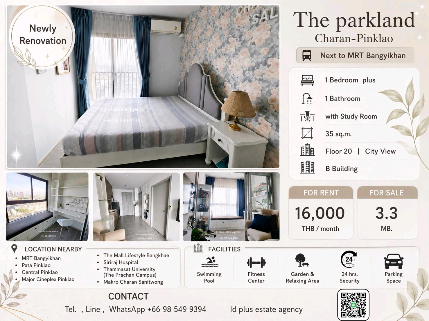 The Parkland Charan - Pinklao Condo for sale with the tenant : 1 bed plus with Multipurpose room for 35 sqm.City View on 20th floor.fully furnished and electrical appliances Next to MRT Bangyikhan. Rent only for 16,000 / m. or Sale only for 3.3 MB. discou The Parkland Charan - Pinklao Condo for sale with the tenant : 1 bed plus with Multipurpose room for 35 sqm.City View on 20th floor.fully furnished and electrical appliances Next to MRT Bangyikhan. Rent only for 16,000 / m. or Sale only for 3.3 MB. discou