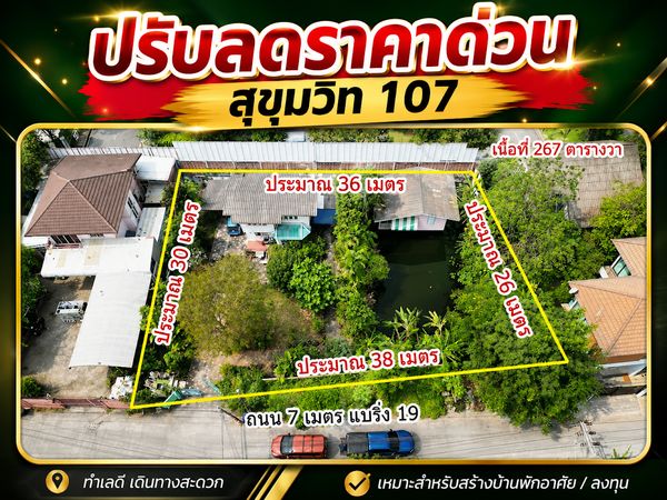 ขายที่ดินแปลงสวย สุขุมวิท 107 (ซอยแบริ่ง 19) แปลงสวย หน้ากว้างถึง 38 เมตร