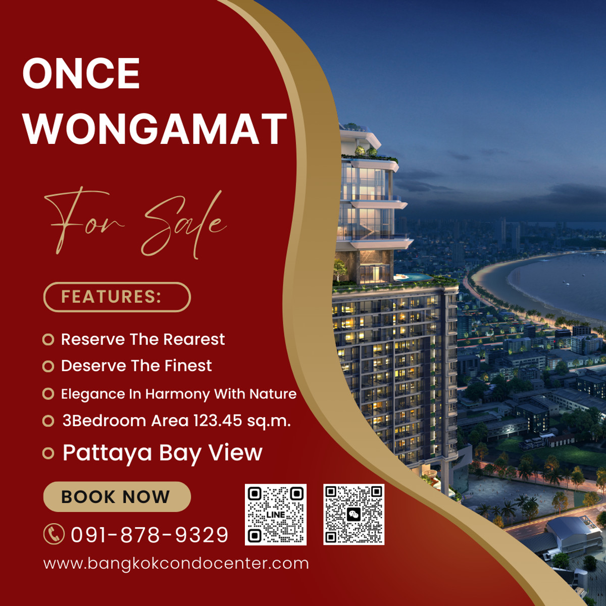🎈ONCE WONGAMAT RESERVE THE RAREST, DESERVE THE FINEST 3Bedroom 3Bathroom Pattaya Bay view Area 123.45 sq.m. Fully Furnished ✅Sell Price 36.12 MB.