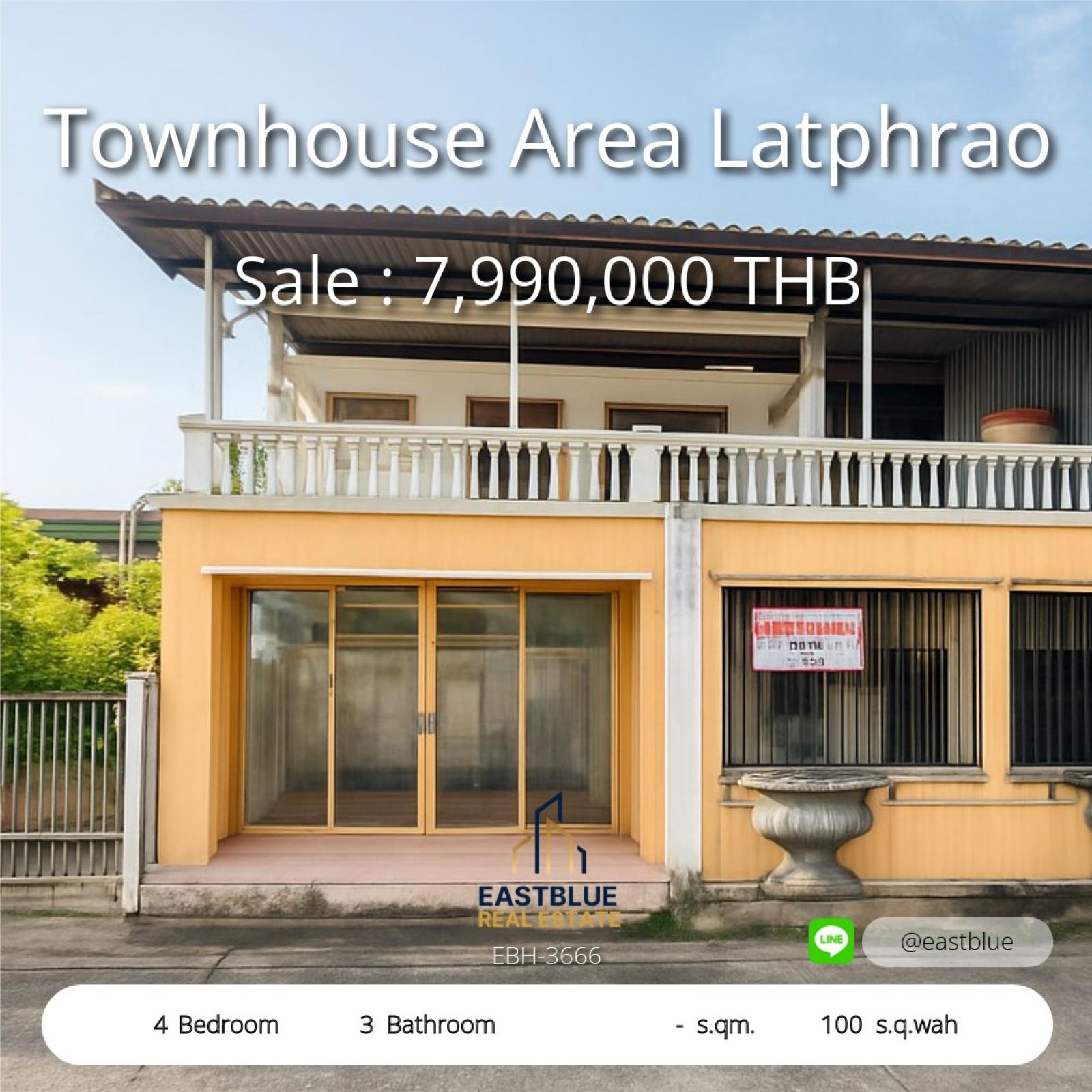 Spacious 4-Bed Townhouse in Lat Phrao Prime Location  Rare 100 Sq.wah Land with No Opposite House – Only 7.99M THB  Lat Phrao Gem: 4 Beds, 3 Baths on a Wide 27m Plot  Your Dream Home Near Rama 9 & Ratchada – Priced to Sell! 0642748883