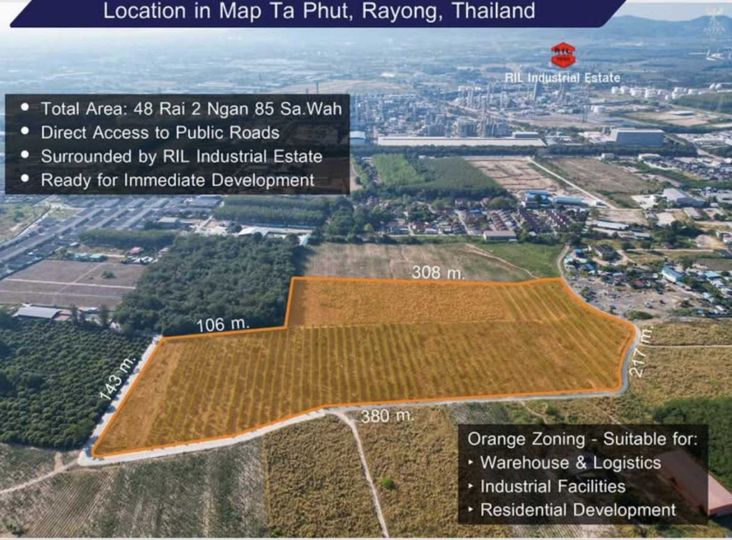 For sale: High-potential land, prime location, 48 rai 2 ngan 85 square wah, in the heart of the industrial zone, orange zoning. For sale: High-potential land, prime location, 48 rai 2 ngan 85 square wah, in the heart of the industrial zone, orange zoning.