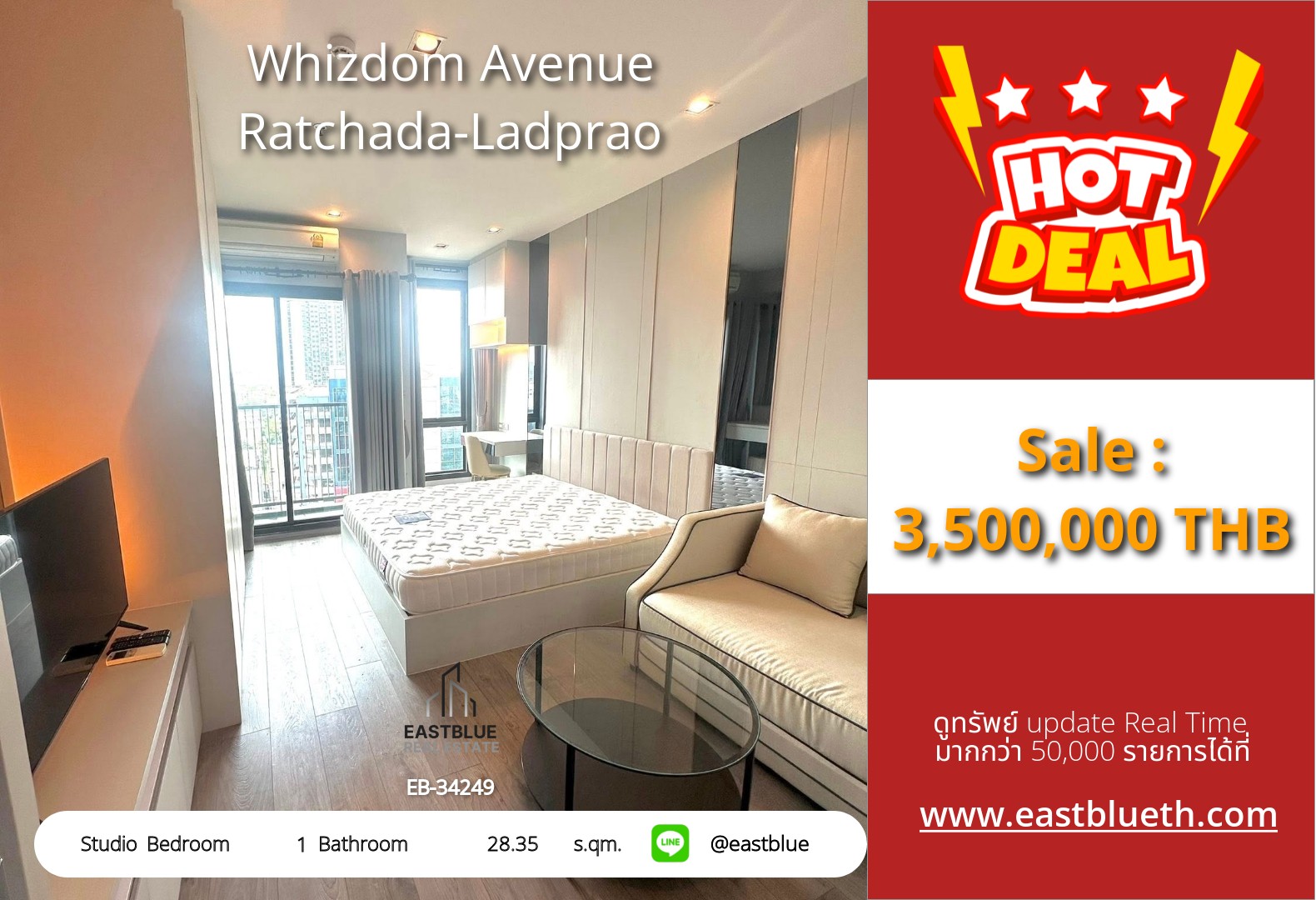 For Sale: Whizdom Avenue Ratchada-Ladprao Studio 28.35 sqm near MRT Lat Phrao 3.5M THB