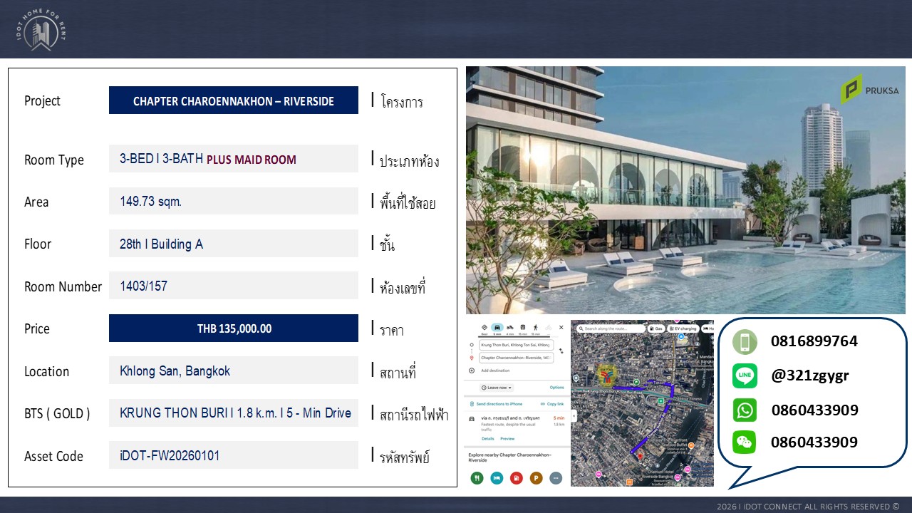 Condo for Rent, Chapter Charoen Nakhon Riverside, 3+1 BED, 3+1 BATH, Chao Phraya River View, near BTS, with Elevator Inside