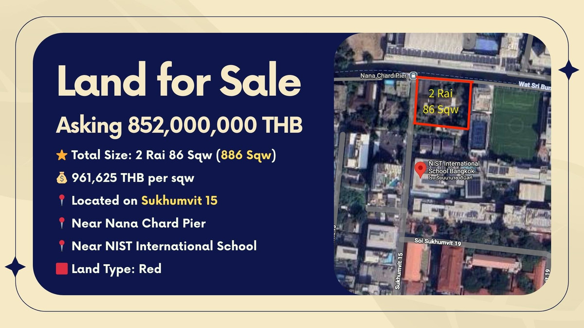 Land for sale on Sukhumvit 15, Type Red, Near Nana Chard Pier, NIST International School