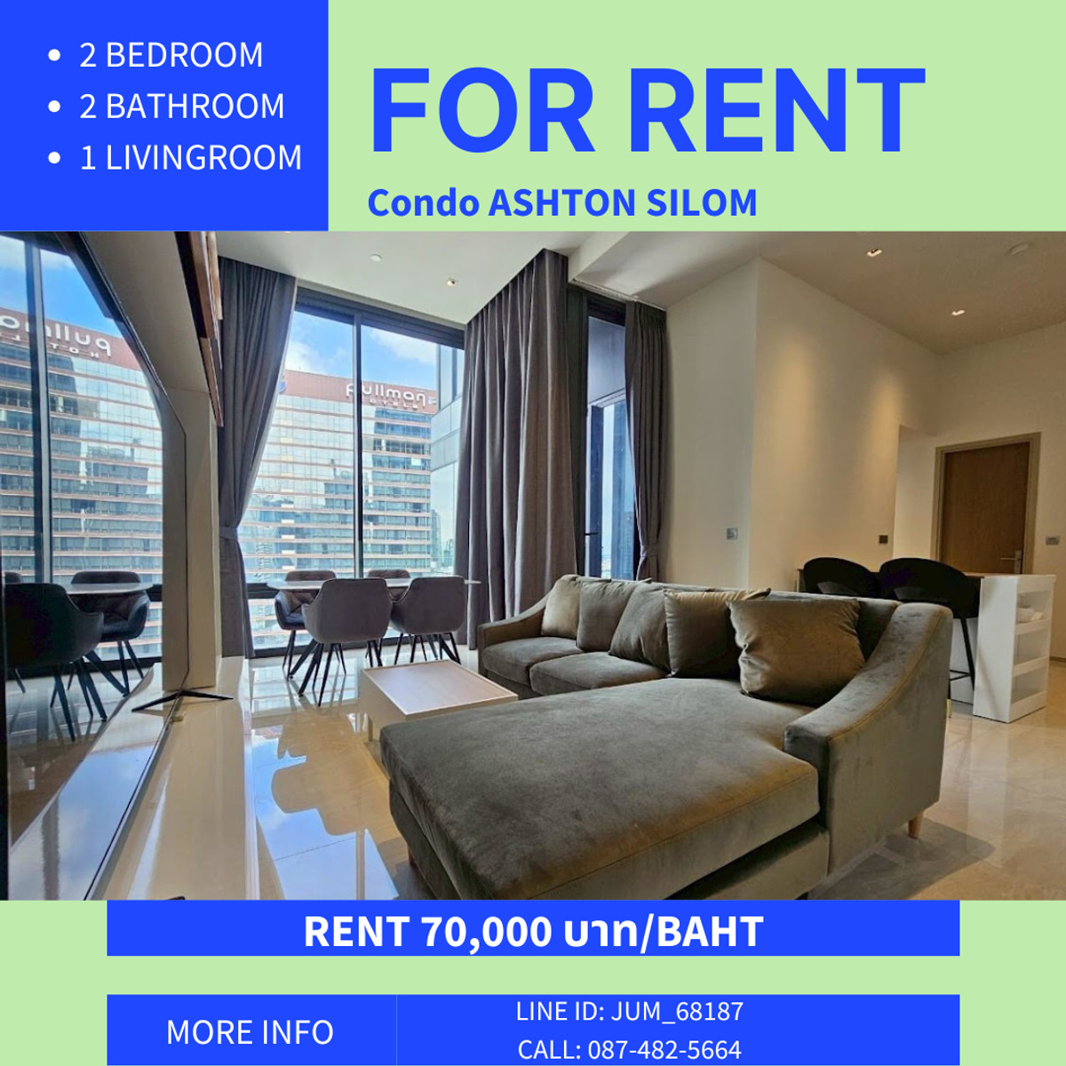 For rent Ashton Silom 2 bedrooms, 2 bathrooms, high floor, beautiful view.