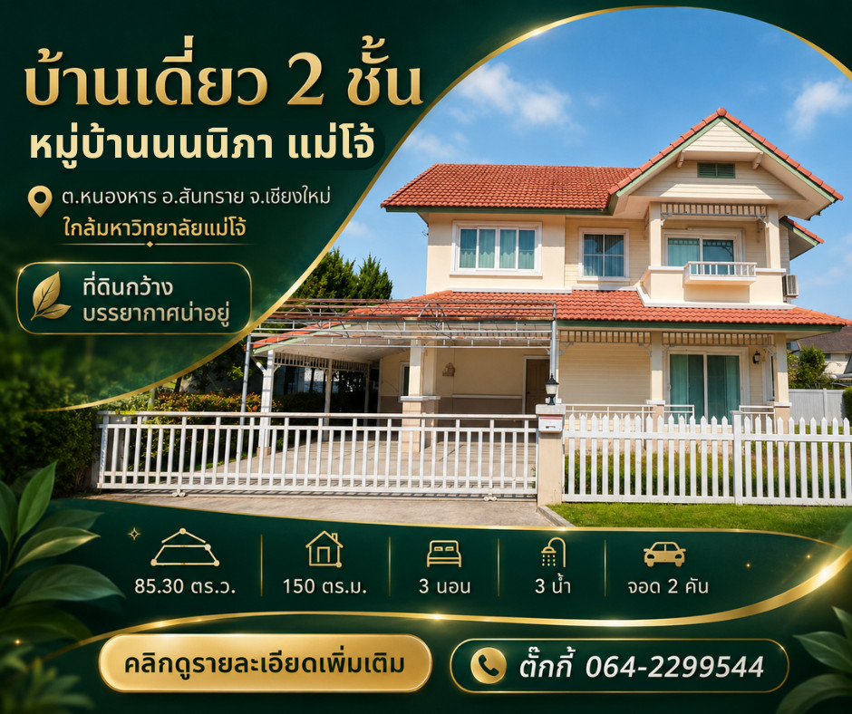 🏡 ปรับราคาใหม่! บ้านเดี่ยว 2 ชั้น ที่ดินใหญ่ 85.30 ตร.ว. 3 นอน 3 น้ำ ใกล้ ม.แม่โจ้ | บ้านนนนิภา สันทราย