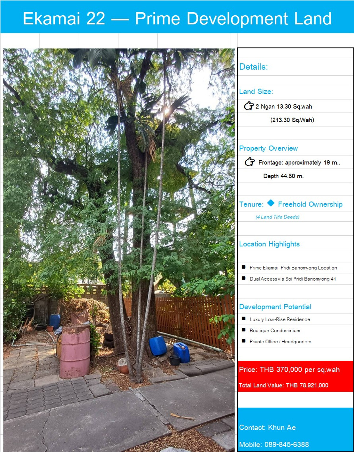 ขายที่ดินเอกมัย 22 พื้นที่ 564 ตร.วาและ 213 ตร.วา Price 370,000 THB/Sq.Wah