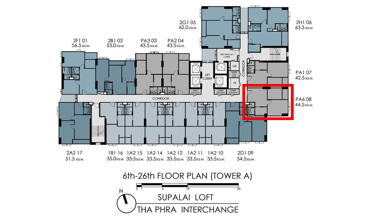 One Bedroom Plus (Type PA6) ทิศตะวันออก พื้นที่ 44.50 ตร.ม. ชั้น 14 ขายดีที่สุดของโครงการ