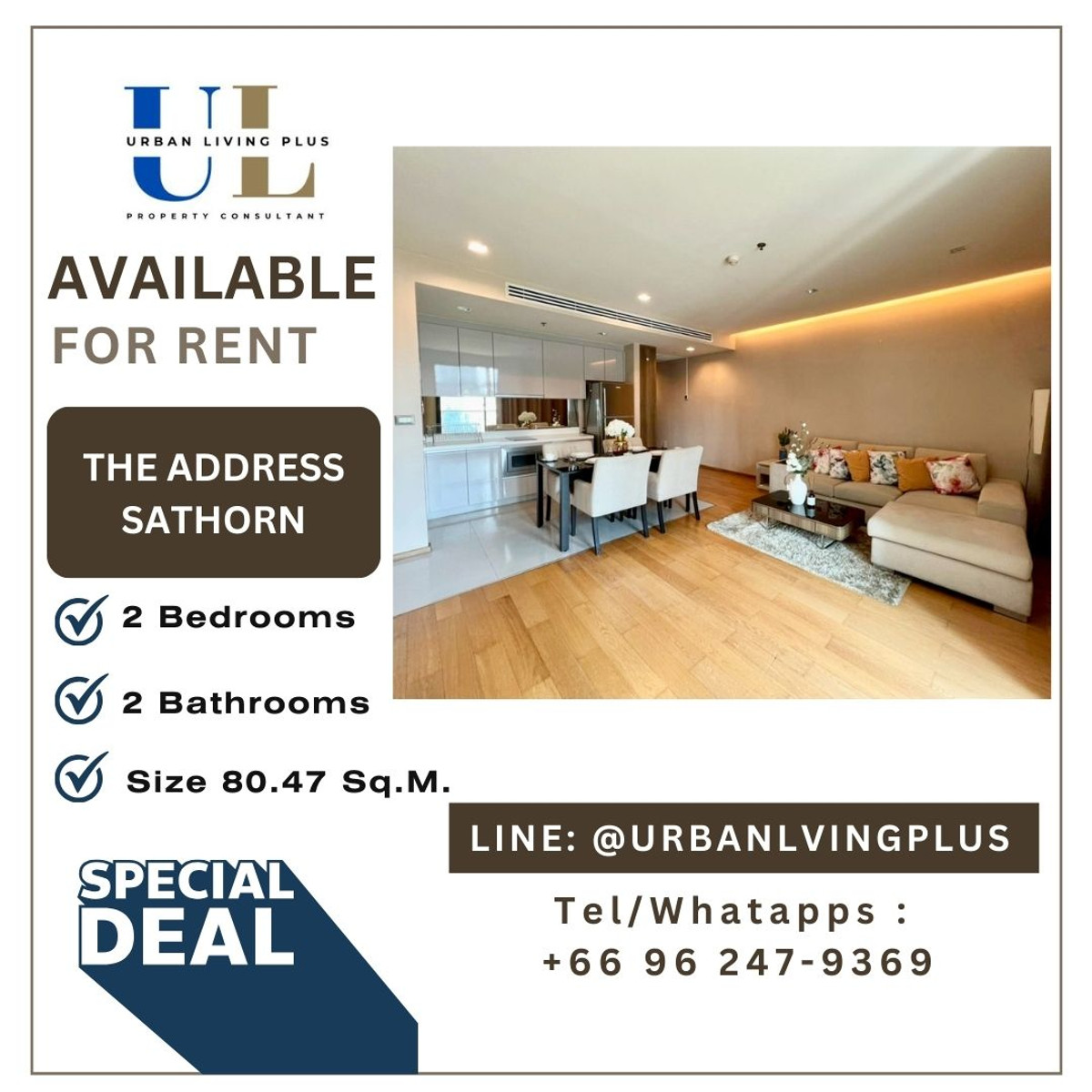 ( UL2602181 ) Tel/Line 096-2479369, For rent, The Address Sathorn, 2 bedrooms, 2 bathrooms, 82 sq m, corner room, rare position, special price!!!🔥🔥