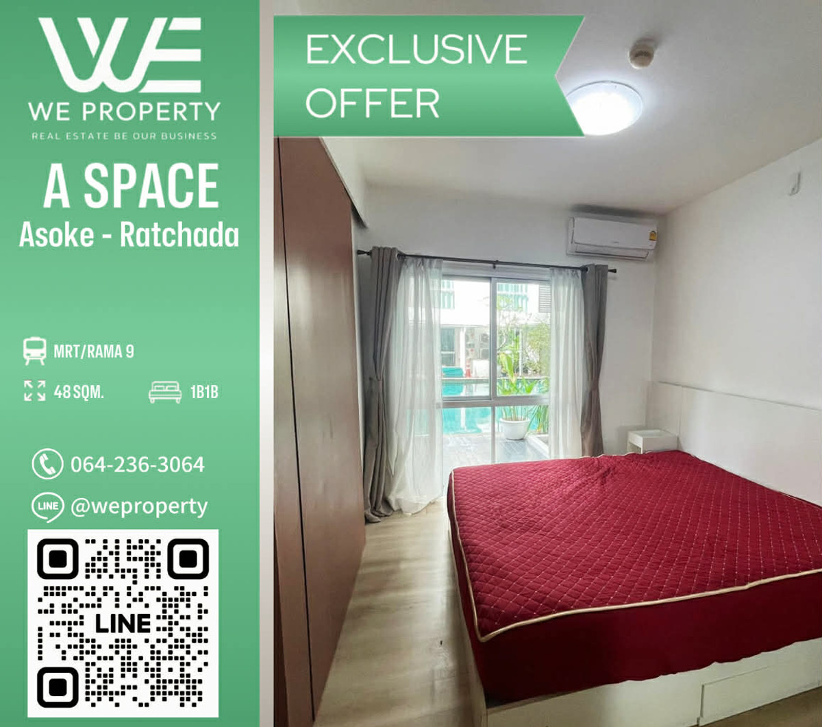 1ห้องใหญ่ 47.72 ตร.ม. ระเบียงกว้างราคาดีที่สุด!!⭐A Space Asoke - Ratchada (เอ สเปซ อโศก - รัชดา)