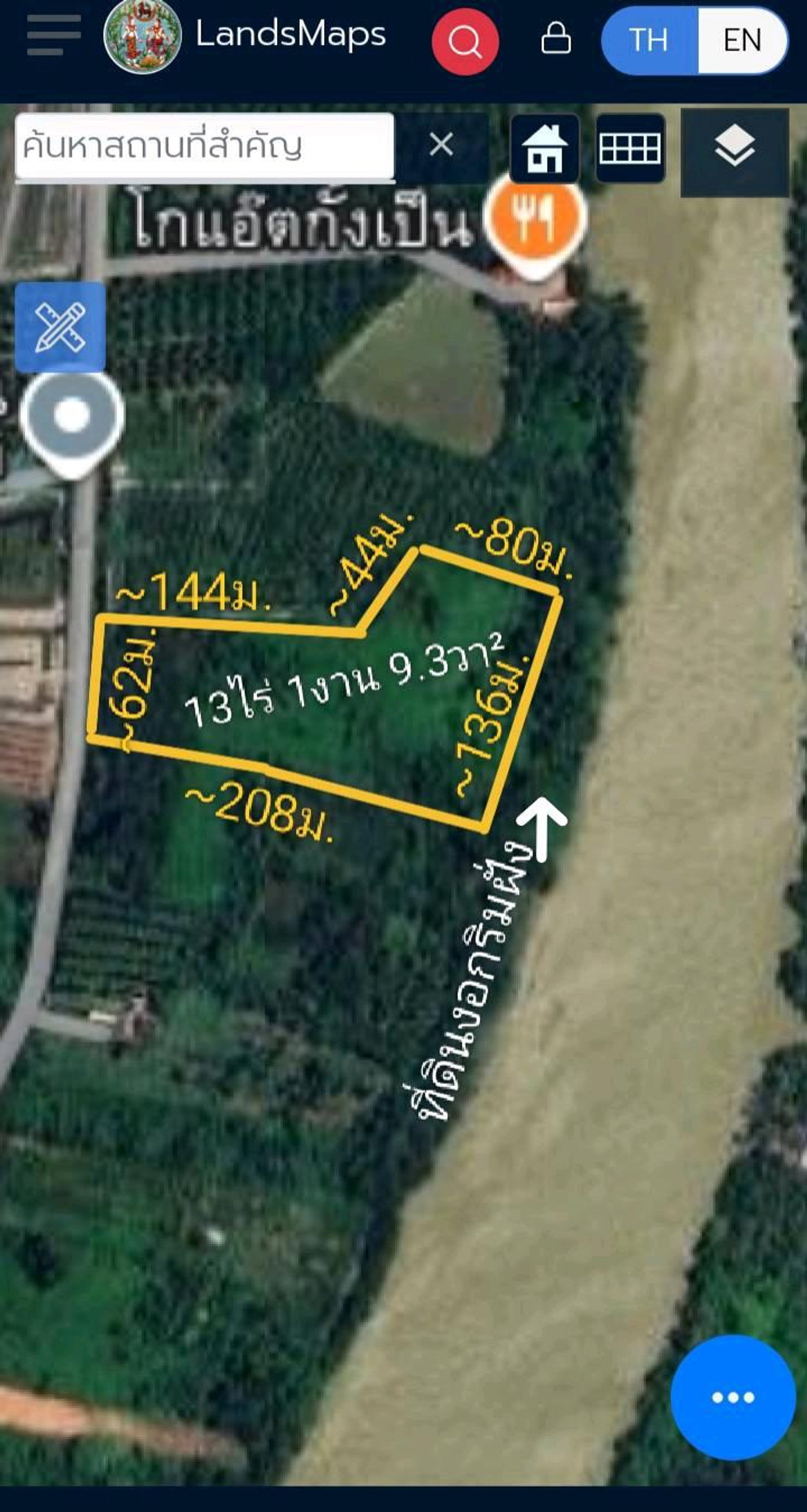 Land for sale, fronting on concrete road. Behind the Ta Pee River, 13 rai 109.3 sq m. and there is more land growing along the bank, Mueang District, Surat Thani. Land for sale, fronting on concrete road. Behind the Ta Pee River, 13 rai 109.3 sq m. and there is more land growing along the bank, Mueang District, Surat Thani.