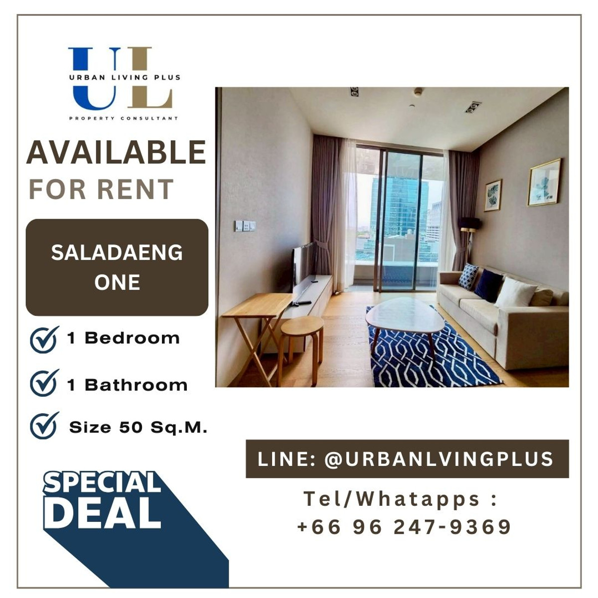 ( UL2602201 ) Tel/Line 096-2479369, FOR RENT Saladaeng One 1 bedroom, 1 bathroom 52 Sq.M., fully furnished, ready to move in ( UL2602201 ) Tel/Line 096-2479369, FOR RENT Saladaeng One 1 bedroom, 1 bathroom 52 Sq.M., fully furnished, ready to move in