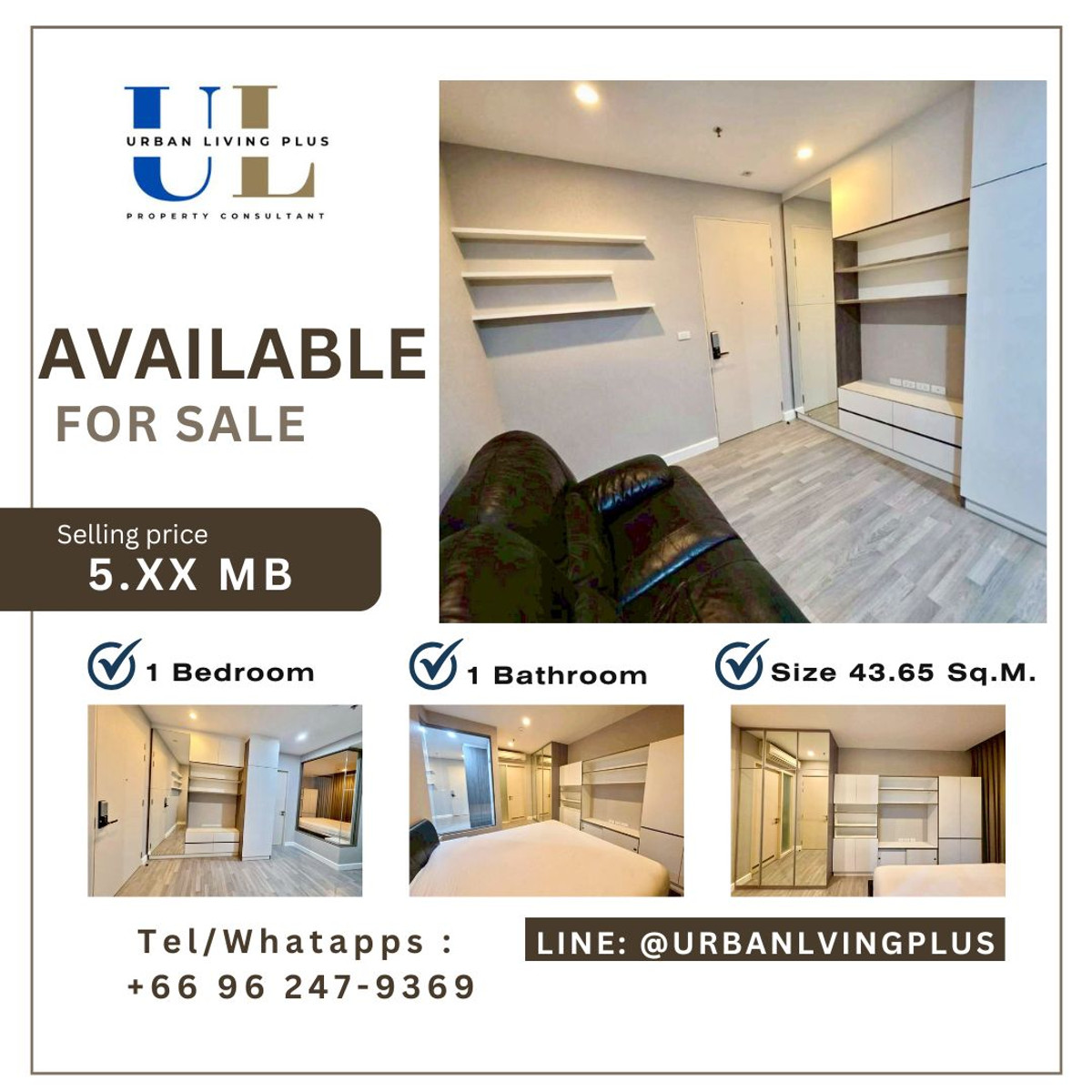( UL2603111 ) Tel/Line 096-2479369 , FOR SALE !! The Room BTS Wongwian Yai, 1 bedroom, 1 bathroom, Size 43.65 Sq.M. Never rented, very good condition✨