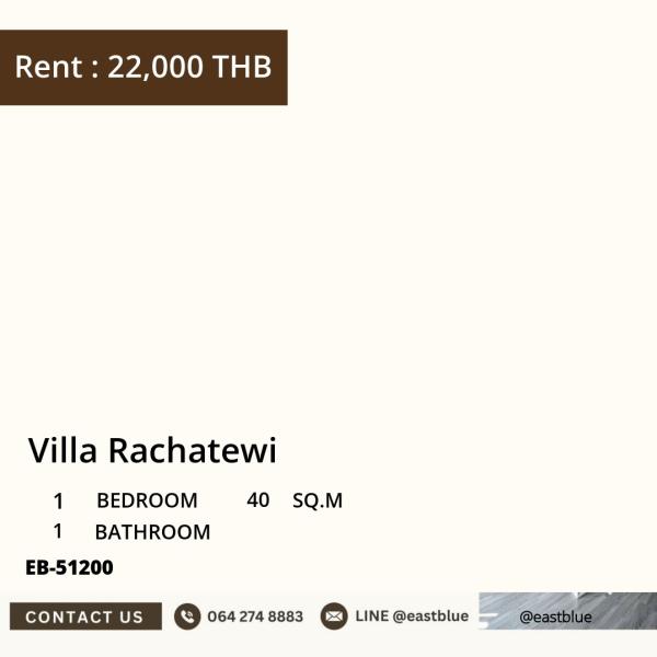 17/07/2026, Rent a condo at Villa Rachatewi, 1 bedroom, near BTS/MRT Ratchathewi
with amenities for 22,000 Baht/month! 0642748883