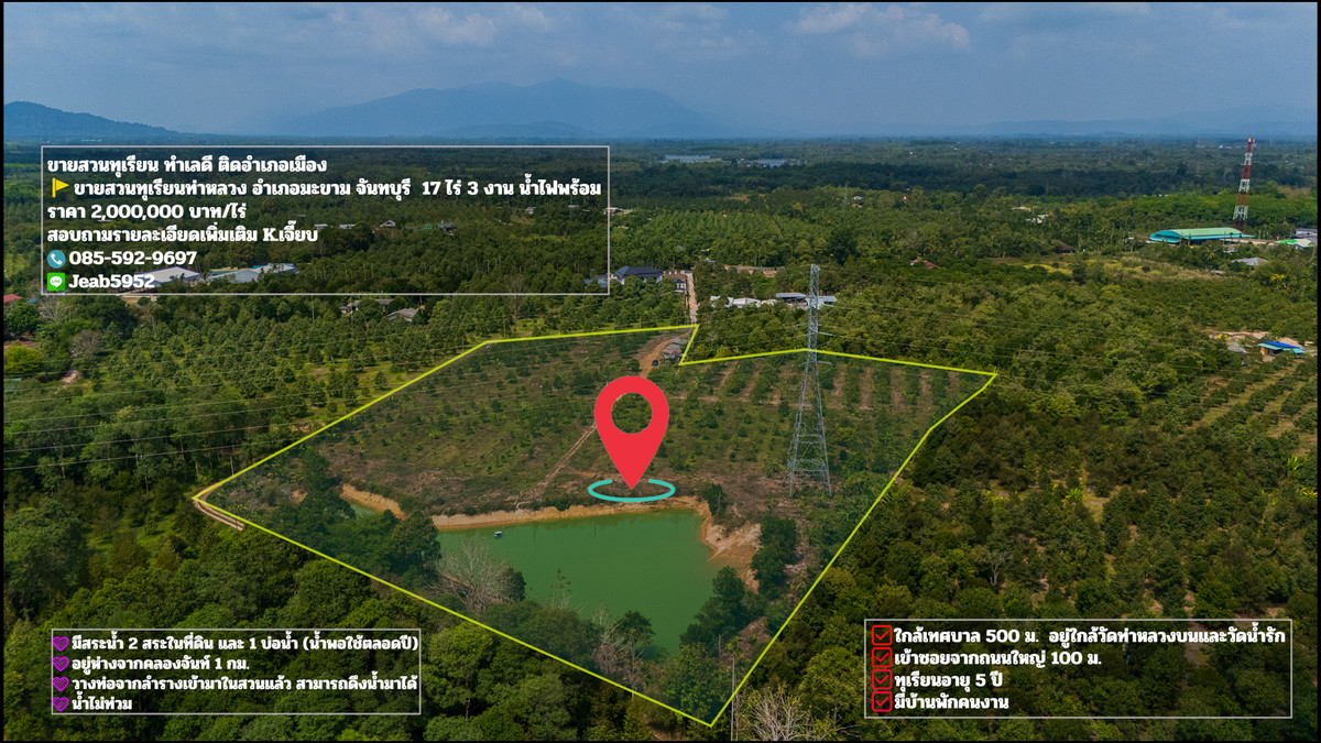 Durian orchard for sale, 17 rai, good location, next to Mueang Chanthaburi District, water and electricity ready. Durian orchard for sale, 17 rai, good location, next to Mueang Chanthaburi District, water and electricity ready.
