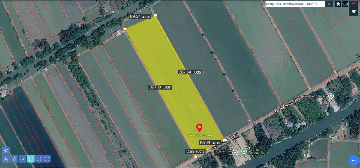 Large plot of land for sale, beautiful plot, 21 rai, next to the road along the Sahakorn Canal, Bang Khun Thian - wide frontage, next to water, complete in one plot! Large plot of land for sale, beautiful plot, 21 rai, next to the road along the Sahakorn Canal, Bang Khun Thian - wide frontage, next to water, complete in one plot!