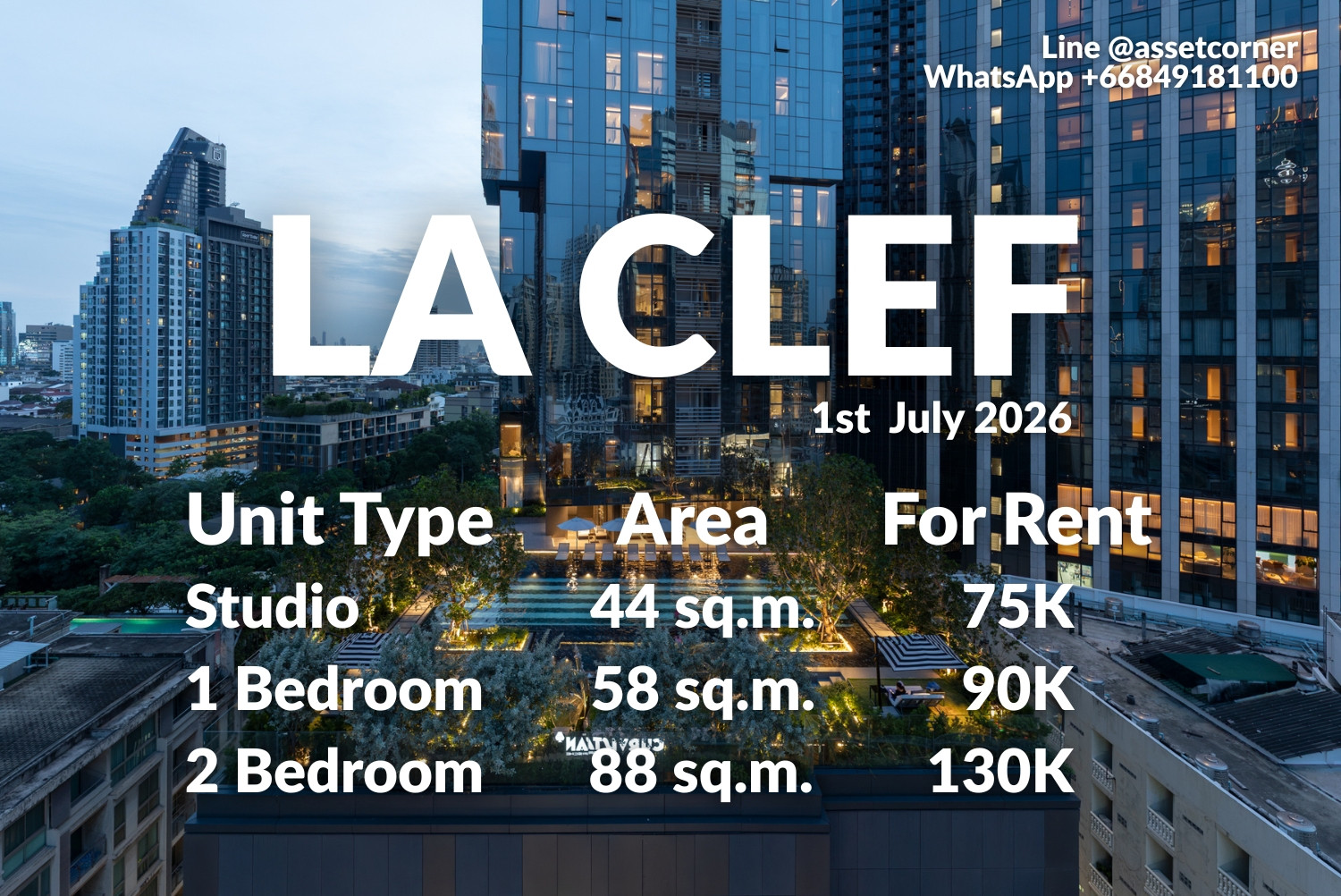 Studio 75K | 1 Bed 90K | 2 Bed 120K ... Ultimate Class Serviced Residence La Clef Bangkok