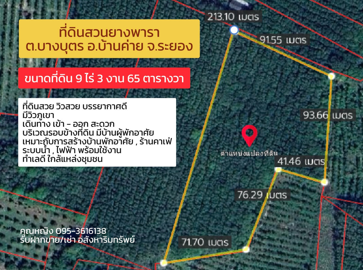 ขายที่ดิน สวนยางพารา 📍ต.บางบุตร อ.บ้านค่าย จ.ระยอง https://maps.app.goo.gl/zRhMsMuXzEkhvHAa8 ขนาดที่ดิน 9 ไร่ 3 งาน 65 ตารางวา หน้ากว้าง 91.55 x 213.10 เมตร ขายที่ดิน สวนยางพารา 📍ต.บางบุตร อ.บ้านค่าย จ.ระยอง https://maps.app.goo.gl/zRhMsMuXzEkhvHAa8 ขนาดที่ดิน 9 ไร่ 3 งาน 65 ตารางวา หน้ากว้าง 91.55 x 213.10 เมตร