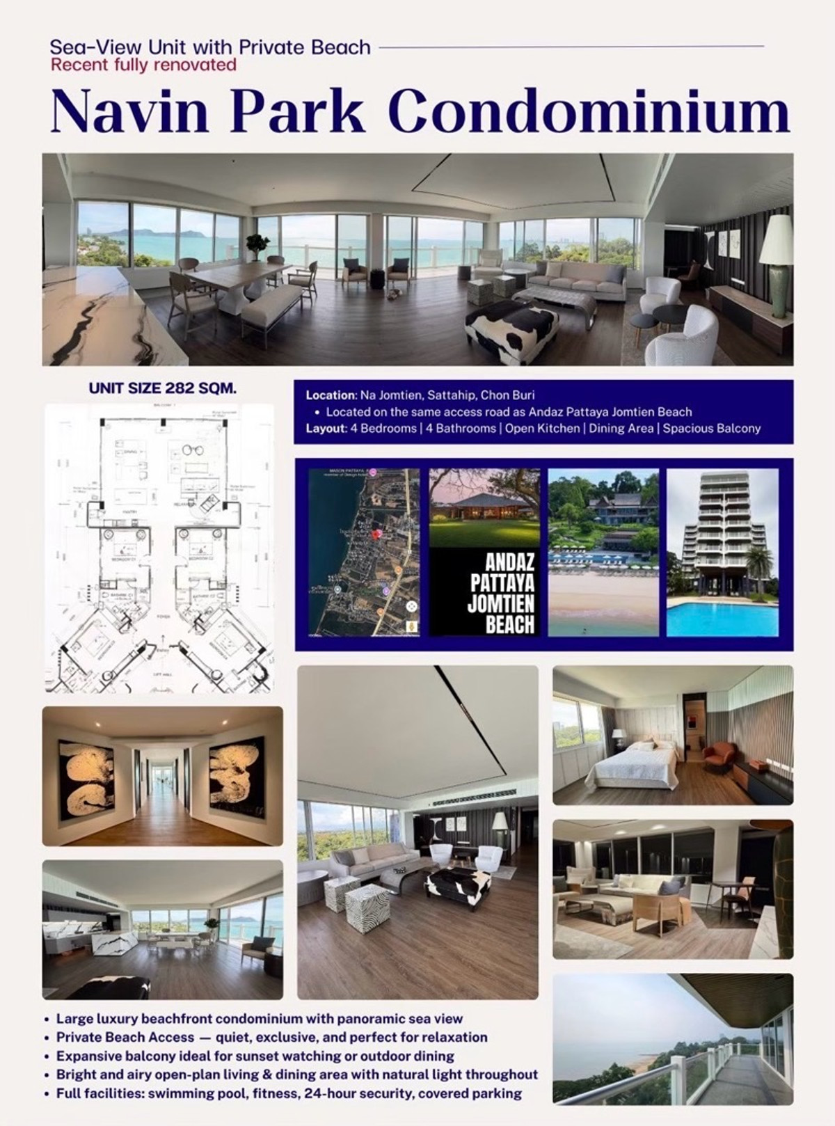 Condo for sale, Navin Park Na Jomtien, full sea view, next to Andaz Pattaya Jomtien Beach.
