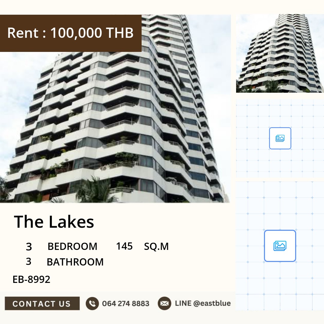 For Rent: The Lakes 3 Bed 145 sqm near BTS Asoke 100,000 THB/month