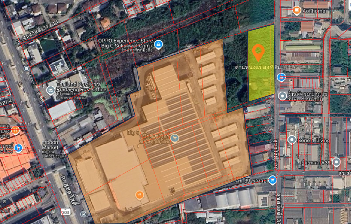 The last 3 rai of golden land, width next to the road 110 meters, location behind Big C Suksawat. Soi Suksawat 39, large cars can enter. There is the Southern Purple Line passing in front of Big C. The last 3 rai of golden land, width next to the road 110 meters, location behind Big C Suksawat. Soi Suksawat 39, large cars can enter. There is the Southern Purple Line passing in front of Big C.