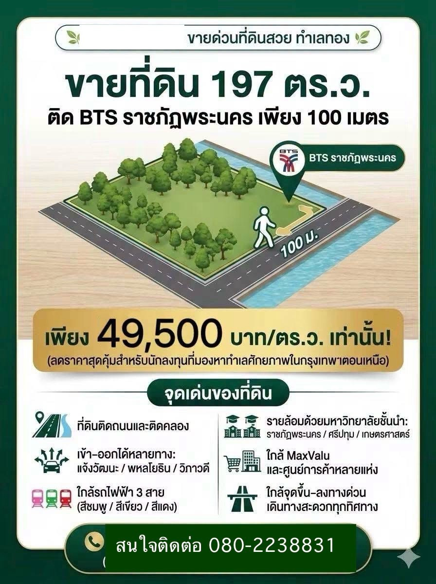ขายด่วน❗️ที่ดินสวย ทำเลทอง ติด BTSสีชมพู ราชภัฏพระนคร ใกล้ทางด่วน 🌿
 – รูปที่ 3