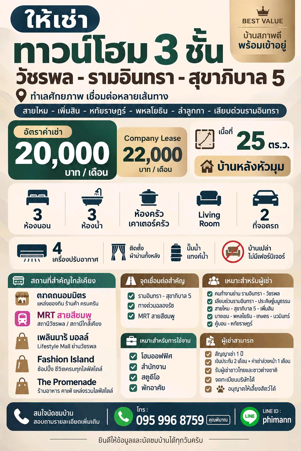 น้ำไม่ท่วม 🌟 ให้เช่า ทาวน์โฮม 3 ชั้น หลังหัวมุม วัชรพล - รามอินทรา - สุขาภิบาล 5 จุดเชื่อมต่อ สายไหม - เพิ่มสิน - หทัยราษฎร์ - พหลโยธิน - ลำลูกกา - เลียยด่วนรามอินทรา – รูปที่ 2