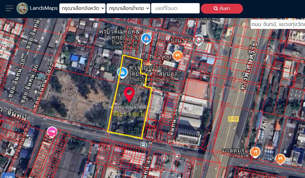 เสนอขาย ทีดินถนนจันทน์ ขนาดที่ดินสองแปลงรวมกัน 988 ตารางวา 2-1-88 ไร่ [เนื้อที 1 ไร่ 3 งาน 12 ตารางวา (หน้า) + 276 ตารางวา (หลัง)] ใกล้ทางขึ้นลงทางด่วน 3 เส้นทาง